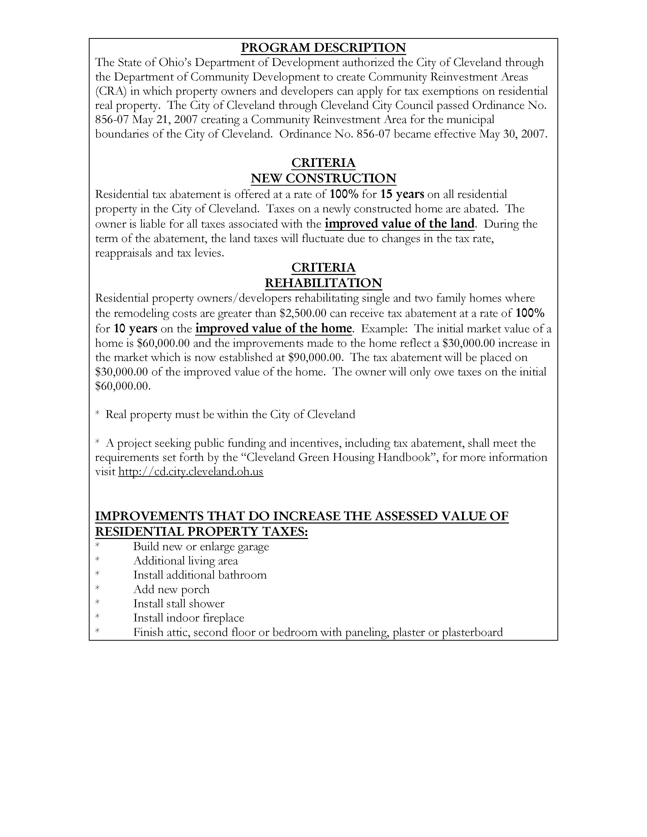 Cleveland Ohio Residential Tax Abatement Program