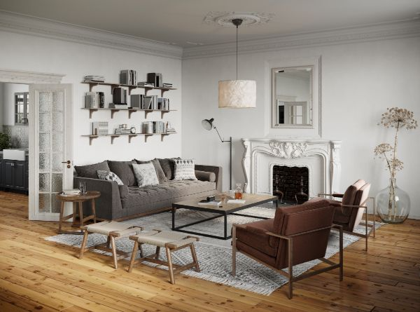 living room with fireplace and chairs