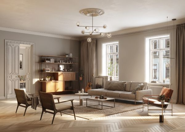 large living room with hardwood floors and bookshelf
