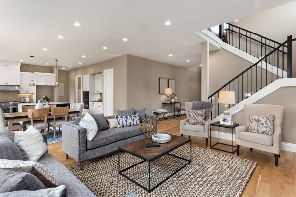spacious living room with rug, couch and coffee table