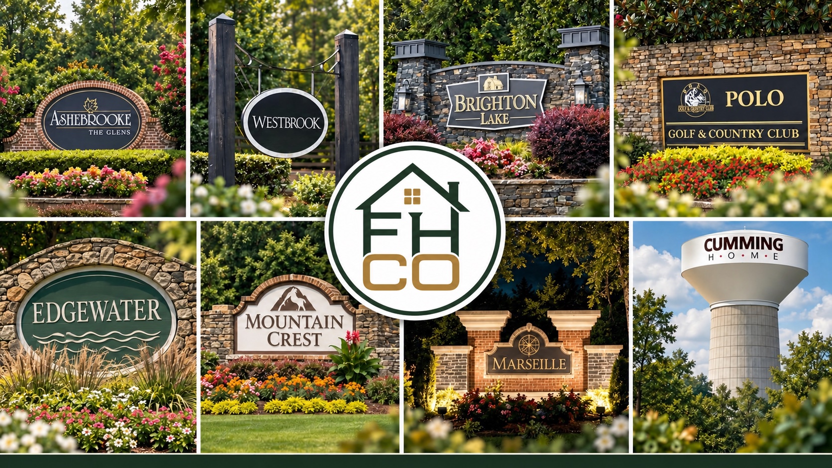 Forsyth Home Co. neighborhood collage featuring local community entrances, the Cumming water tower, and the official circular FHCO logo