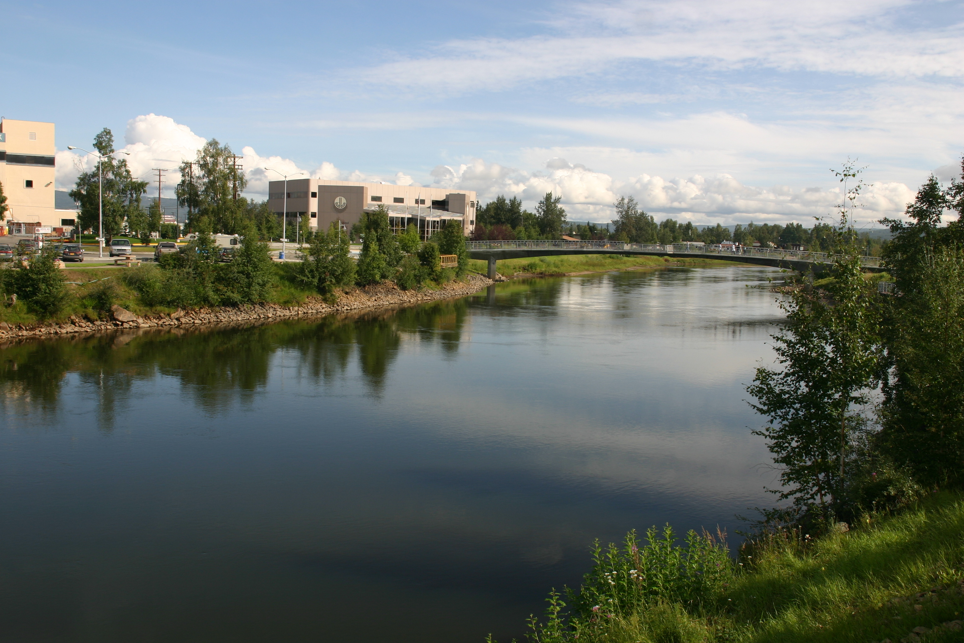 Chena River boardwalk in downtown Fairbanks, Alaska