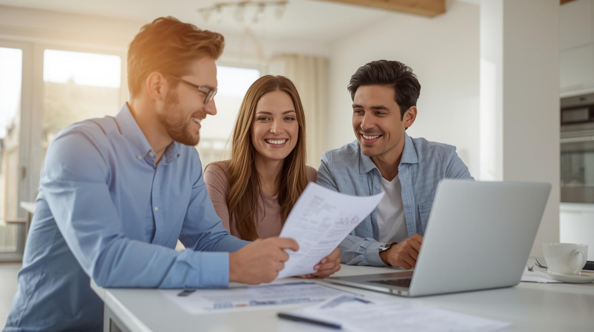 couple looking at each other sitting at desk