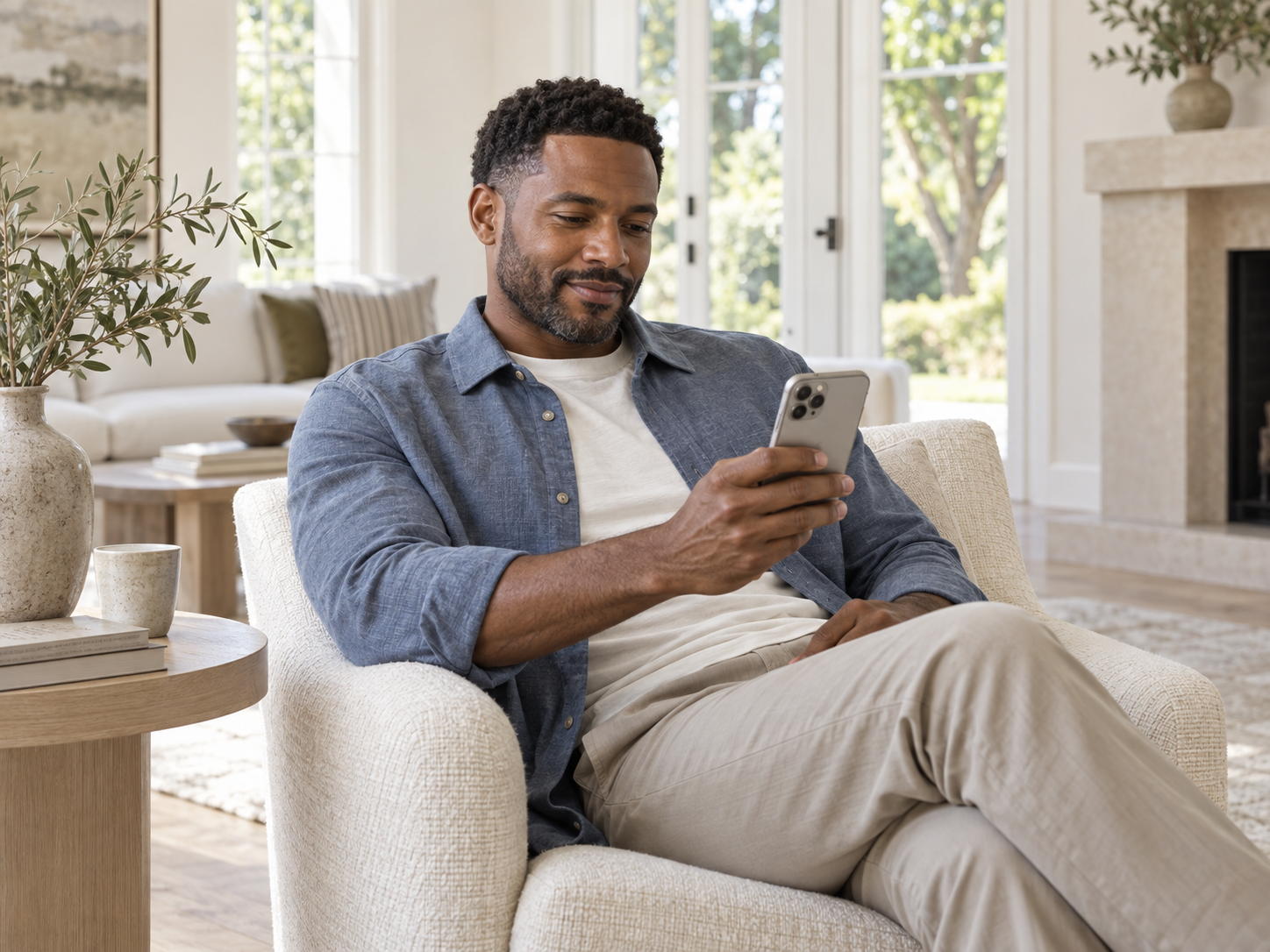family of four smiling while sitting on couch