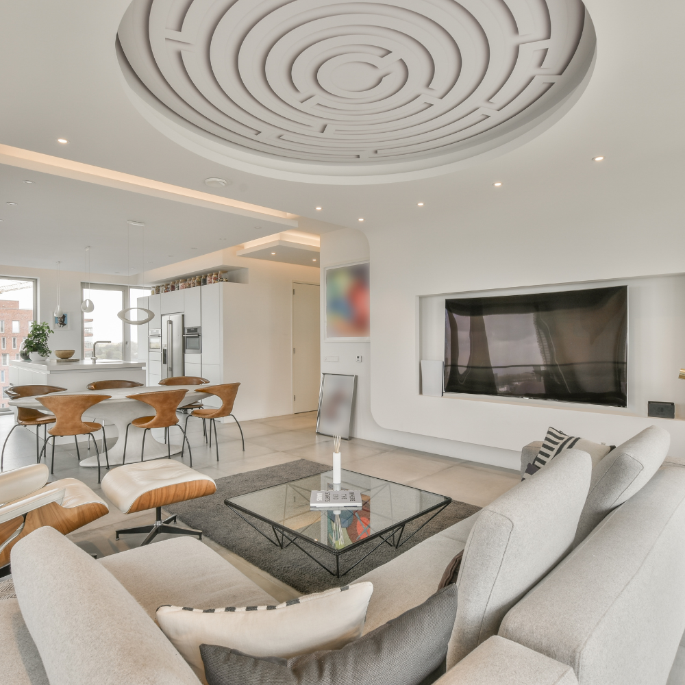  living room with fireplace and large overhead shelf