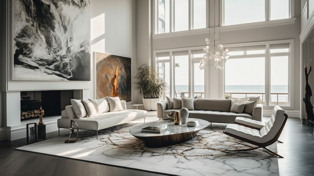 front living room with overhanging lamp and gray couch