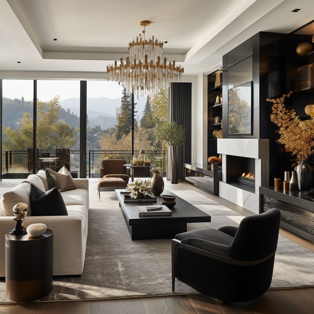  living room with fireplace and large overhead shelf